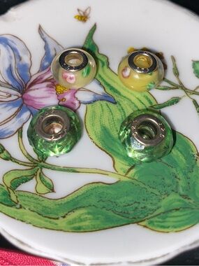 Sterling Silver Green Crystal & Yellow Floral European Charm Beads